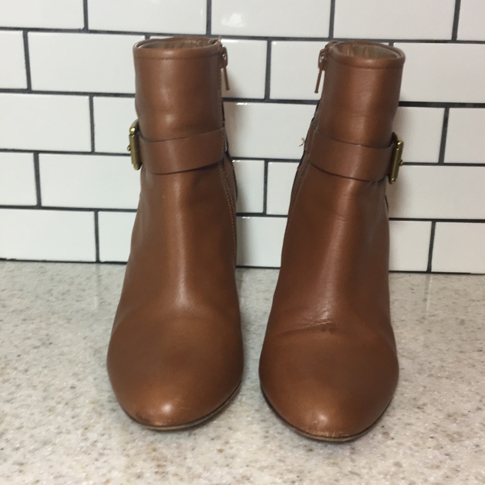 Size 8 Camel Coach Booties gold buckle 3.5" heel